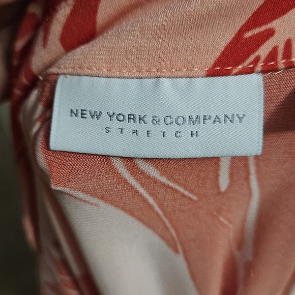 NEW YORK & COMPANY Abstract Print Stretch Wrap Midi Dress In Red/pale Pink. SM - Picture 2 of 15